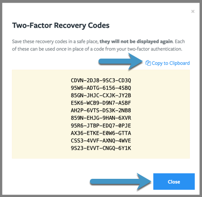 List of Recovery Codes with arrows pointing to the "Copy to Clipboard" UI element and the "Close" button