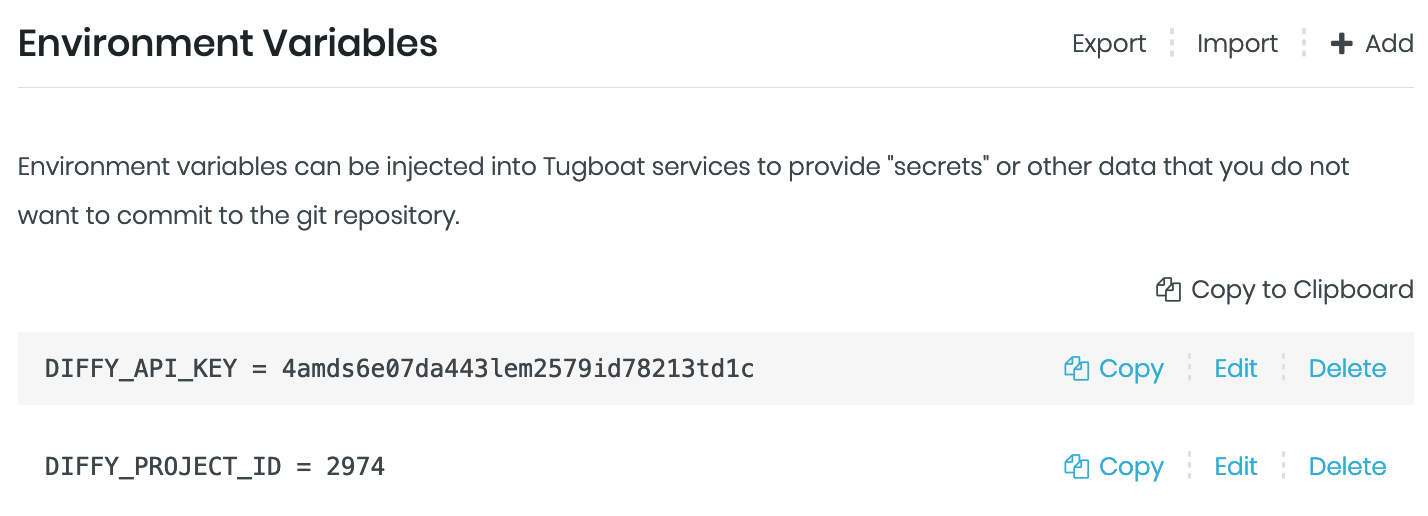 Example DIFFY_API_KEY and DIFFY_PROJECT_ID as Tugboat environment variables