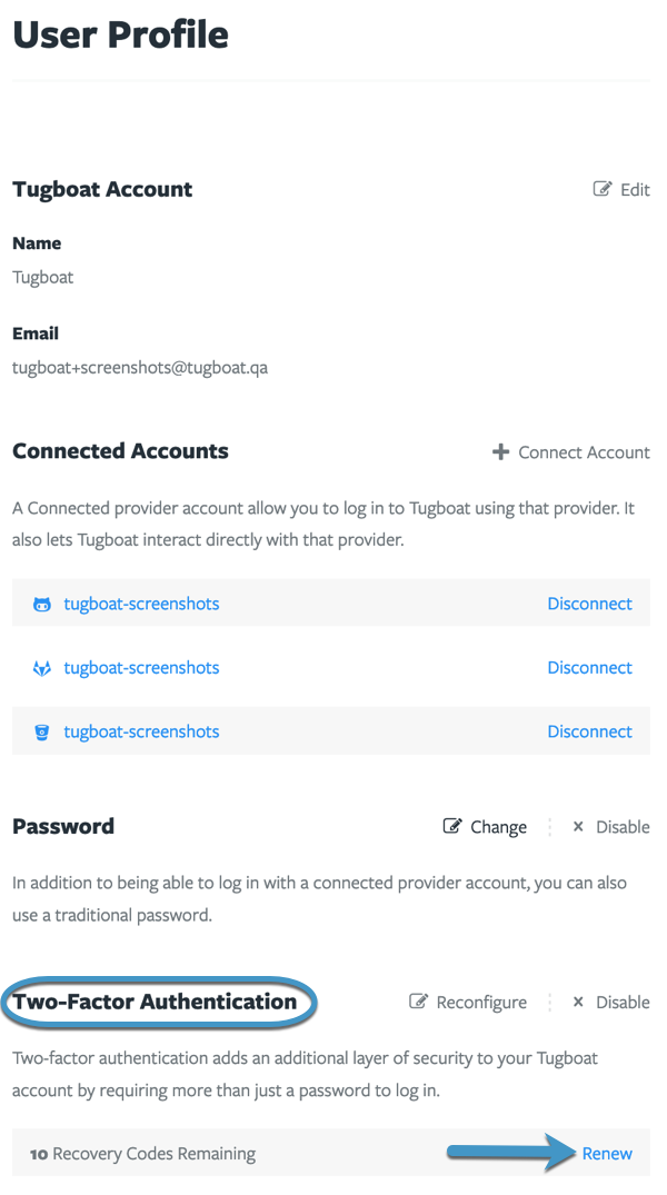 Tugboat's User Profile pane with Two-Factor Authentication section circled and an arrow to the Renew link
