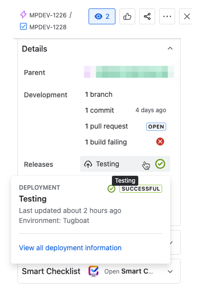 Example screenshot of deployment mapping in Jira