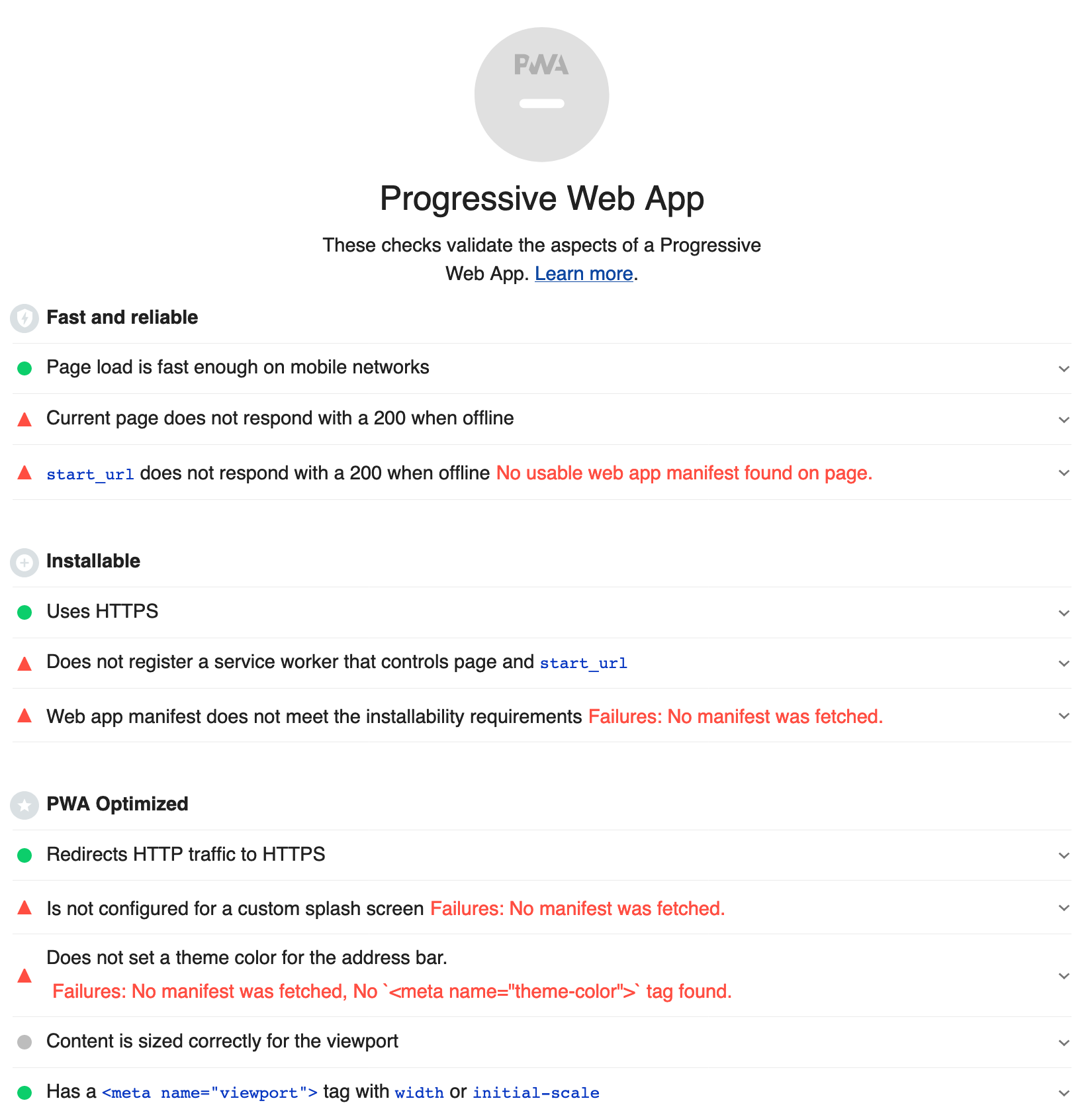 Screenshot of Lighthouse progressive web app report