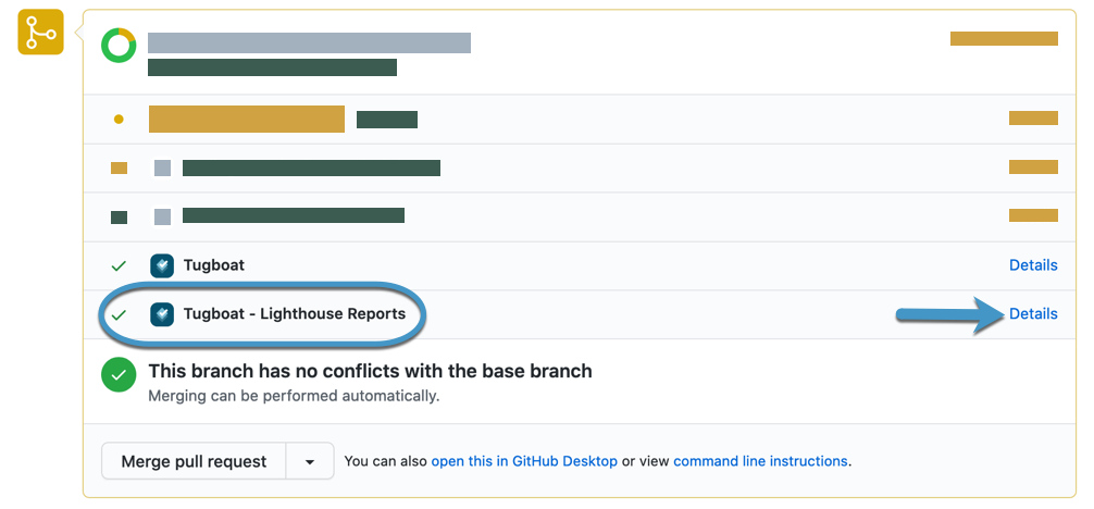 Screenshots of Lighthouse reports link on GitHub PR