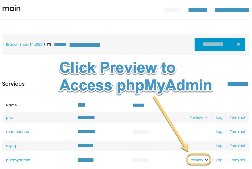 Click Preview to access phpMyAdmin