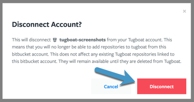 Dialog box explaining disconnecting a linked git provider account with arrow to "Disconnect" button