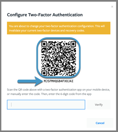 View of the Two-Factor Authentication dialog showing the QR code and code manually listed
