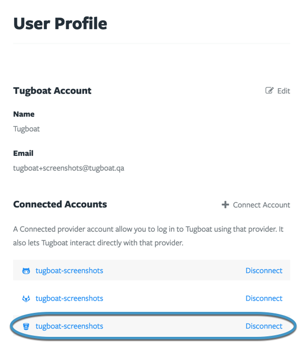 Tugboat's User Profile pane with a linked Bitbucket account circled