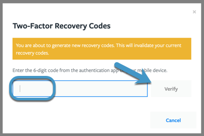 6-digit code typed into dialog box, with arrow pointing to the Verify button